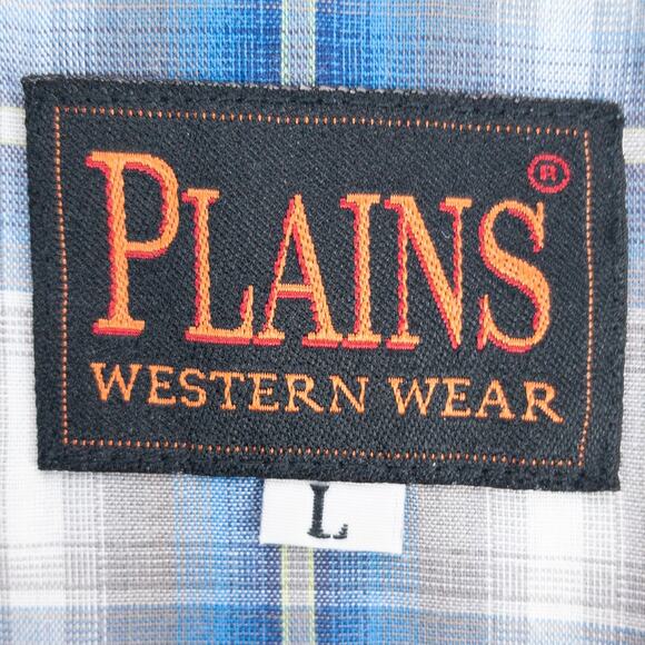 Plains Western Shirt Men's Large Short Sleeve Pearl Snaps Plaid White Blue - Picture 3 of 9